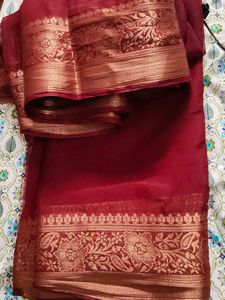Maroon chiffon silk Saree with Gold Border