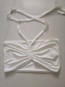 White Ruched Halter Neck Crop Top
