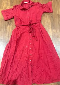 Red Textured Button-Down Shirt dress