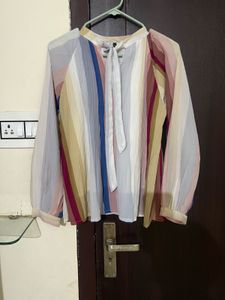 Striped Pleated Long Sleeve Top