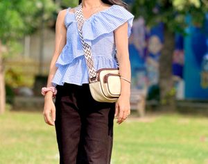 Chic Blue Gingham Ruffle Top