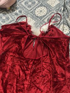 Red Velvet Fluffy Trimmed Dress