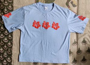 Blue T-Shirt with Red Hibiscus Print