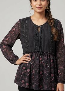 Stylish Black Floral Tassel Tunic 🎀