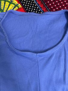 Blue Ribbed Crop Top with Long Sleeves