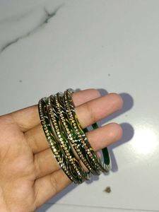 Set of Green Bangles with Embellishments