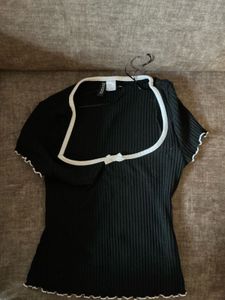 🎀 H&amp;M Divided Black Ribbed Top with White Trim