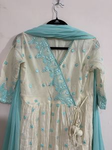 Cream Anarkali Kurta with Blue Embroidery