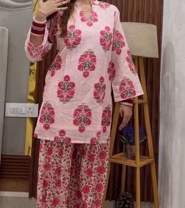 Pink Floral Block Print Kurta Set