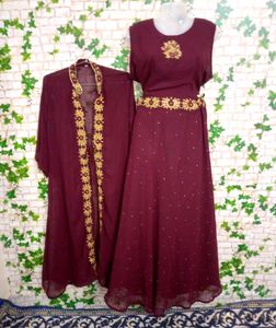 Maroon Dress Set with Gold Embellishments