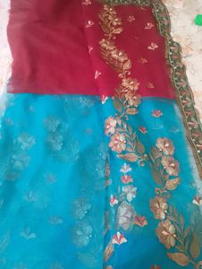 Red And Cyan Dubbul Shed New Saree With