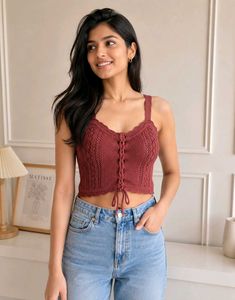 Maroon Cute Crocheted Lace-Up Crop Top
