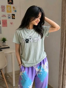 Mint Green Cute Cat Graphic Oversized T-Shirt