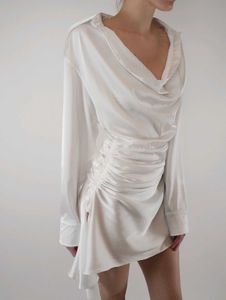 I. Elegant White Satin Cowl Neck Dress