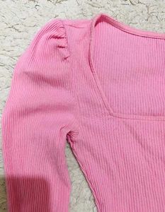 Chic Pink Puff Sleeve Square Neck Top