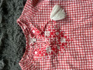 Imported Cute Red Gingham Top with Embroidery