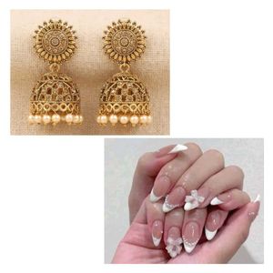 Elegant French Tip Bow Nails & jhumka