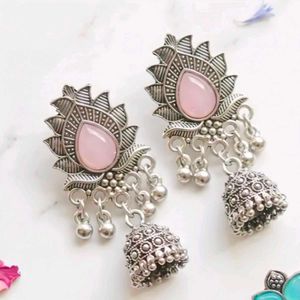 Elegant oxidise silver Pink Stone Jhumka Earrings