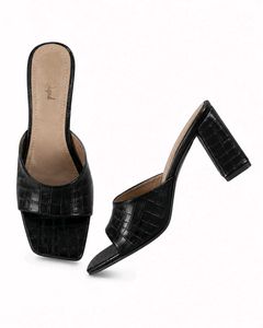 Chic Black Croc Embossed Block Heels