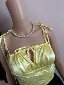 Yellow Tie-Front Ruched Crop Top