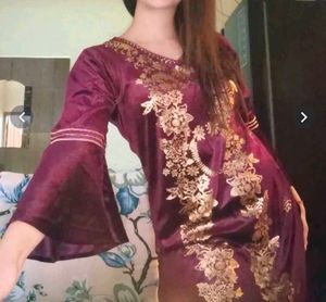 Elegant purple Velvet Kurta with Gold Embroidery