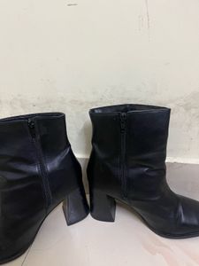 Black Faux Leather Square Toe Boots