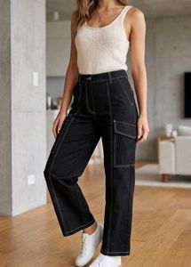 Stylish Black Cargo Pants with White Stitching