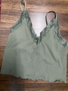 Ribbed Camisole Top with Lace Trim