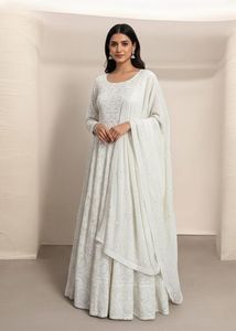 White Party Wear Anarkali Gown & Dupatta