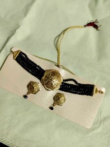 Black Beaded Choker Necklace with Earrings