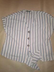 White Stripes Button Top