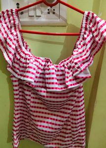 Shein Off Shoulder Ruffle Overlay Detail Striped