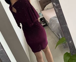 Velvet Maroon Striped Dress With Beads