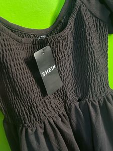 Shein Stylish Black Smocked Puff Sleeve Dress