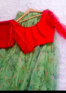 Red embellished half saree set or dhavani