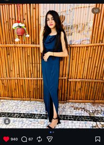 Elegant Navy Blue Satin Maxi Dress