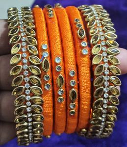 Orange Silk Thread Bangles with Stone Work