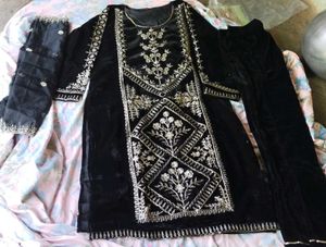 Black Velvet Embroidered Kurta Set