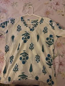 White & Blue Block Print Kurta