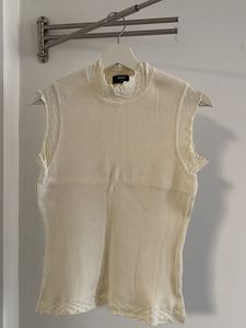 Cream Ribbed Sweater with Lace Neckline