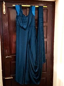 Teal Green Satin Pre drape Saree Dress
