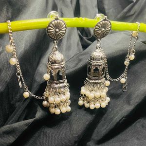 Oxidized Silver Bahubali Jhumka Earrings with Chai