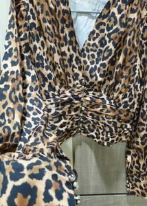 Leopard Print V-Neck Ruched Crop Top