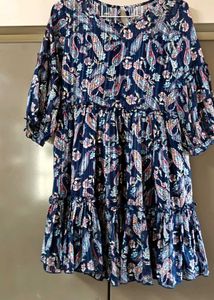 Navy Blue Paisley Print Tiered Dress