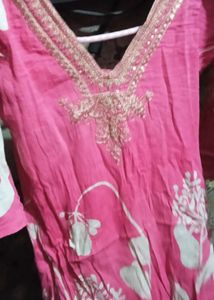Pink Printed Kurta with Embellished Neckline