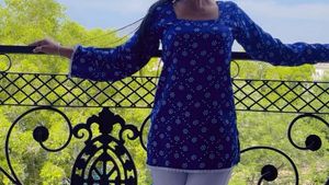Stylish Blue Printed Kurta with White Pants