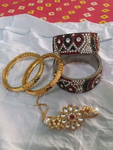 Combo Of Two Golden Bangles, One Bracelet And Kada