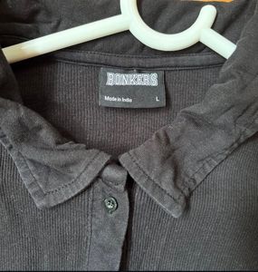 Black Bonkers Ribbed Button-Up Top