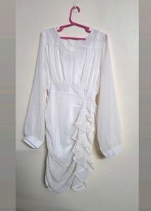 Chic White Ruched Ruffle Dress