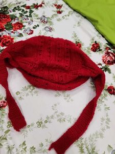 Hand-knitted Red Beanie with Ties